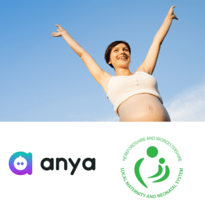 A pregnant woman raises her hands up to a blue sky - Anya baby & breastfeeding logo and Herefordshire & Worcestershire Local Maternity & Neonatal System logo